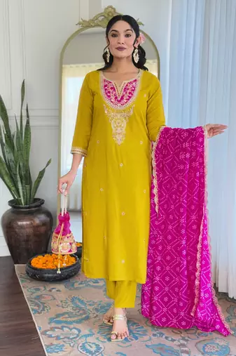 Yellow Embroidered Viscose Straight Kurta set