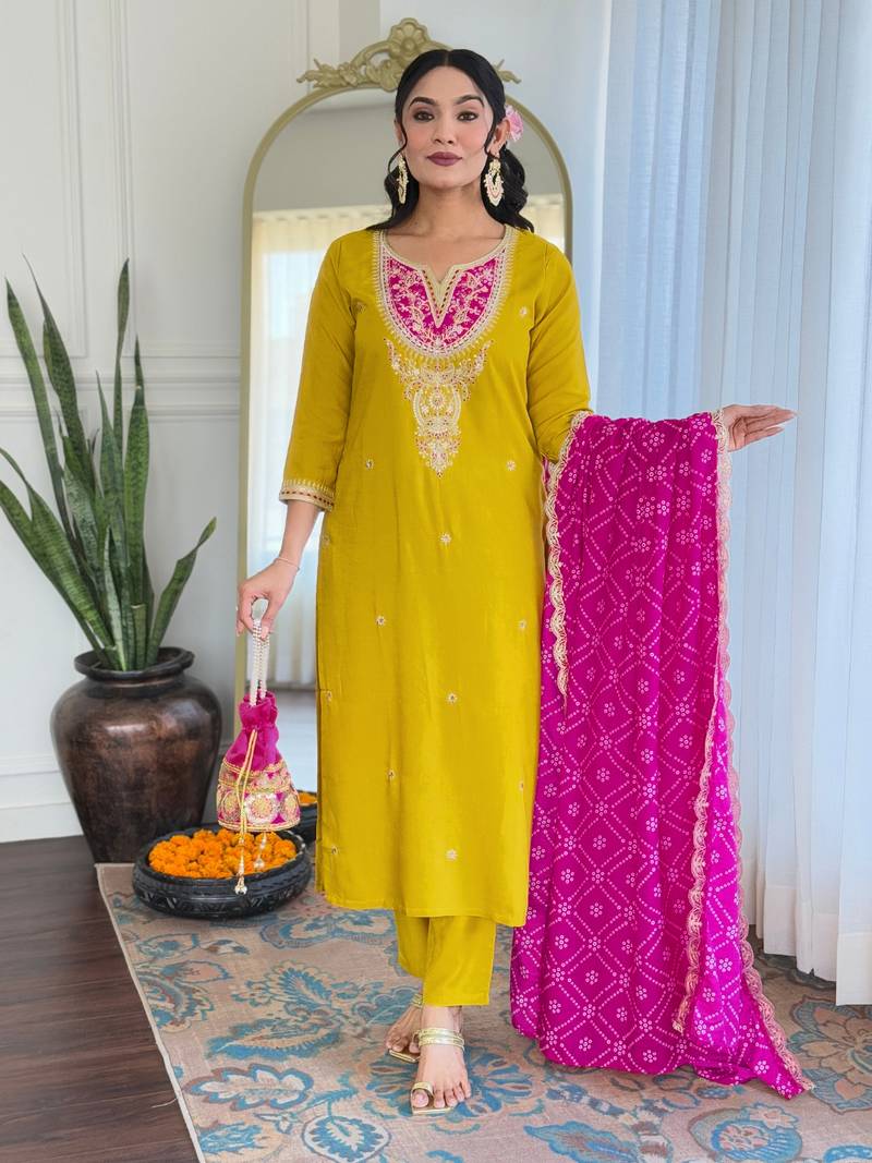 Yellow Embroidered Viscose Straight Kurta set