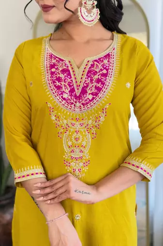 Yellow Embroidered Viscose Straight Kurta set