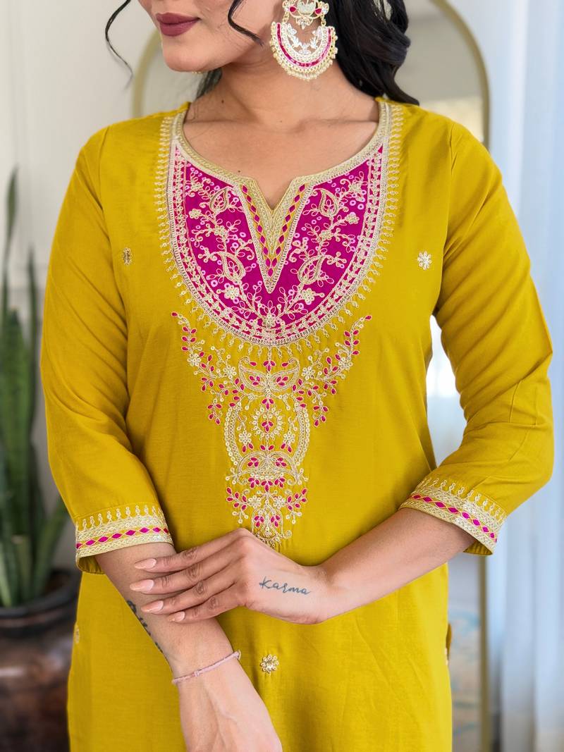 Yellow Embroidered Viscose Straight Kurta set