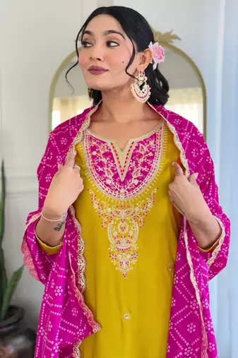 Yellow Embroidered Viscose Straight Kurta set