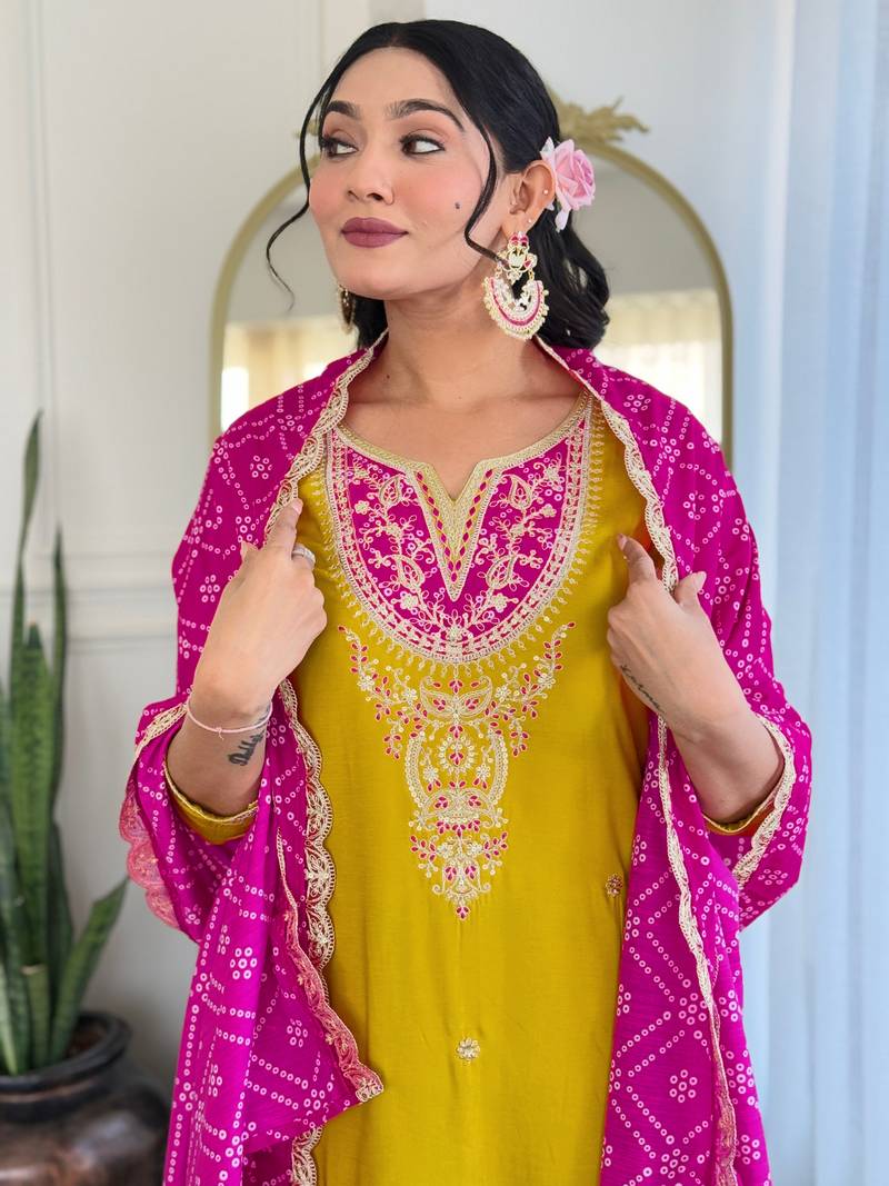 Yellow Embroidered Viscose Straight Kurta set