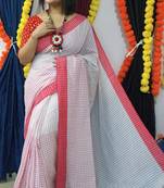 White Handloom Cotton Check Saree With Blouse Piece
