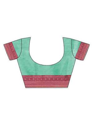 turquoise soft silk blend woven saree with unstitched blouse piece 5