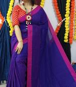 Dark Blue Handloom Cotton Check Saree With Blouse Piece