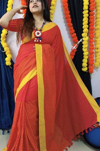 Orange Handloom Cotton Check Saree With Blouse Piece