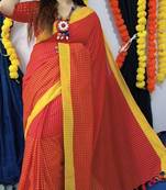 Orange Handloom Cotton Check Saree With Blouse Piece