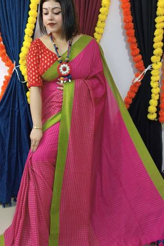 Pink Handloom Cotton Check Saree With Blouse Piece