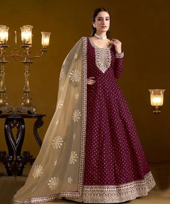 Maroon embroidery chanderi butti anarkali suit 1