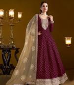 Maroon embroidery chanderi butti anarkali suit