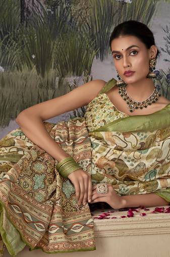 parrot green cotton silk digital print saree with unstitched blouse piece