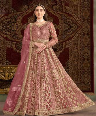 Peach embroidery net anarkali suit 1