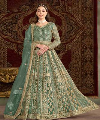 Teal blue embroidery net anarkali suit 1