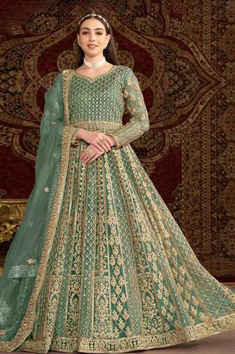 Teal blue embroidery net anarkali suit