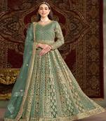 Teal blue embroidery net anarkali suit