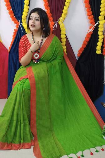 Green Handloom Cotton Check Saree With Blouse Piece