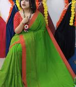 Green Handloom Cotton Check Saree With Blouse Piece