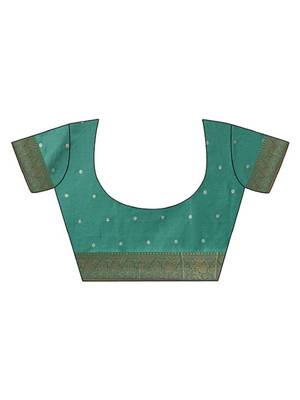 parrot green tissue silk blend woven saree with unstitched blouse piece 5