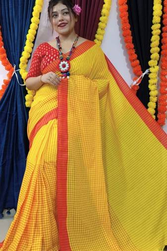 Yellow Handloom Cotton Check Saree With Blouse Piece