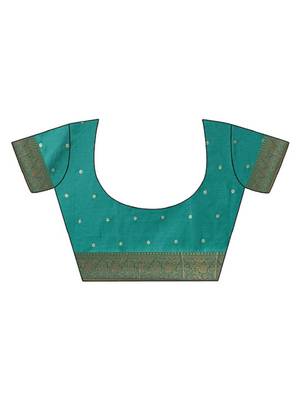 turquoise tissue silk blend woven saree with unstitched blouse piece 4
