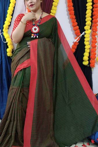 Dark Green Handloom Cotton Check Saree With Blouse Piece