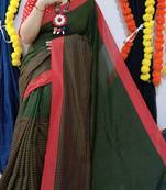 Dark Green Handloom Cotton Check Saree With Blouse Piece