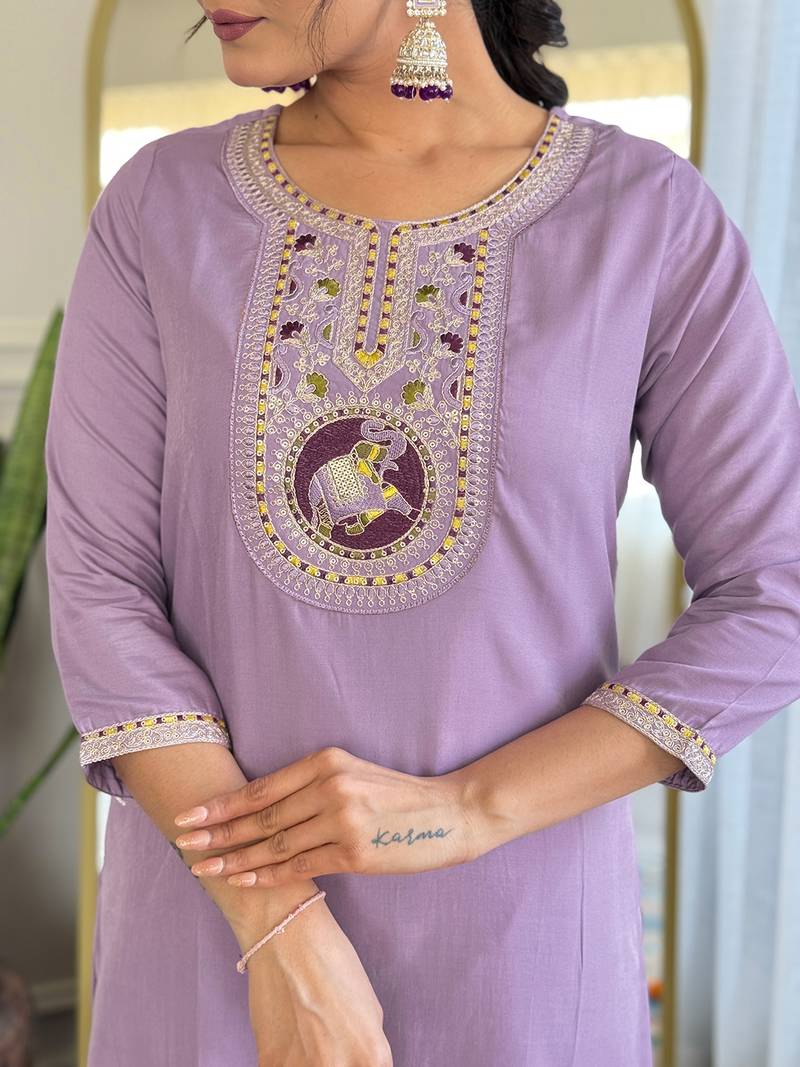 Women's Lavender Embroidered Viscose Fabric Straight Kurta, Pant and Dupatta Set