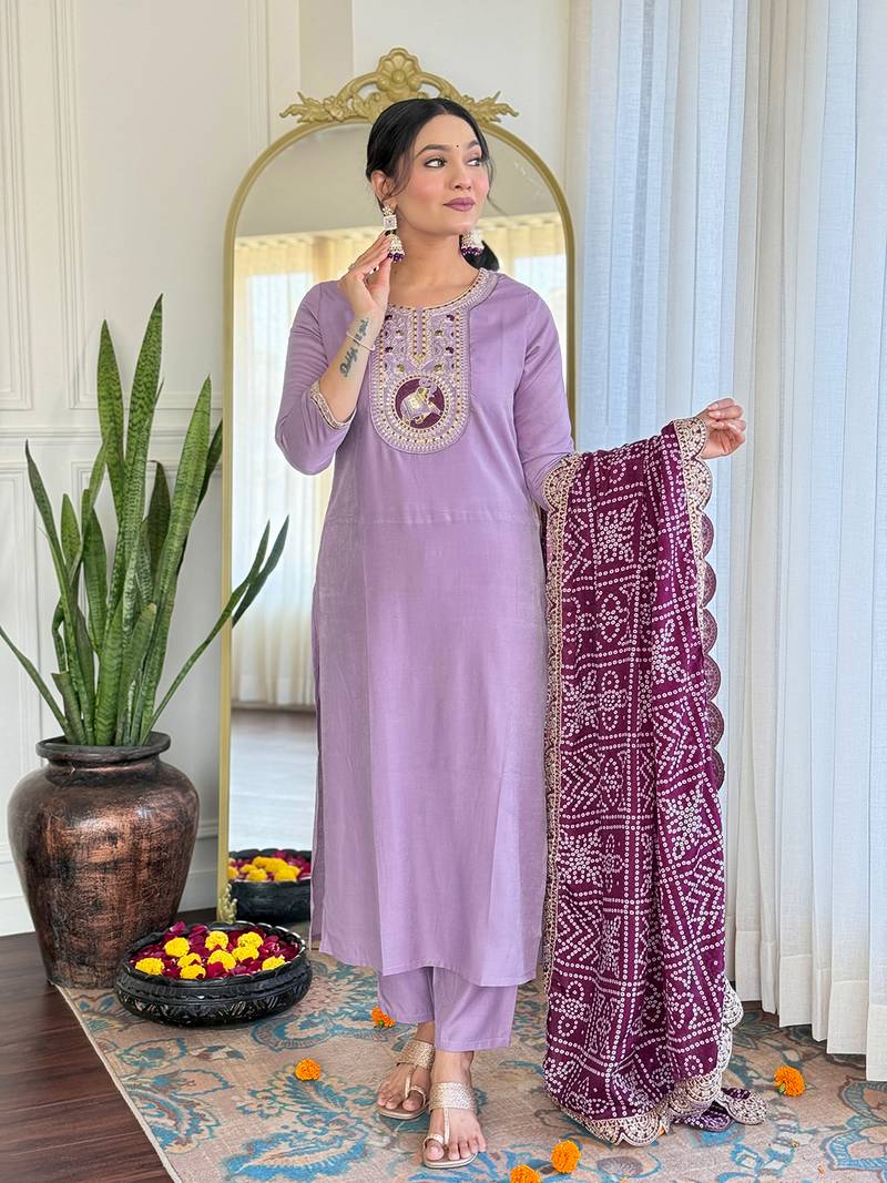 Women's Lavender Embroidered Viscose Fabric Straight Kurta, Pant and Dupatta Set