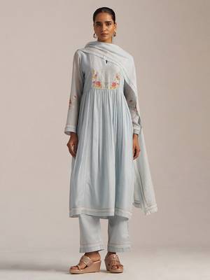 Chalk blue mal chanderi embroidered kurta set 1