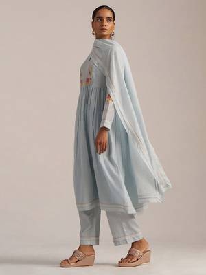 Chalk blue mal chanderi embroidered kurta set 2