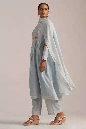 Chalk blue mal chanderi embroidered kurta set