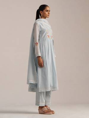 Chalk blue mal chanderi embroidered kurta set 3