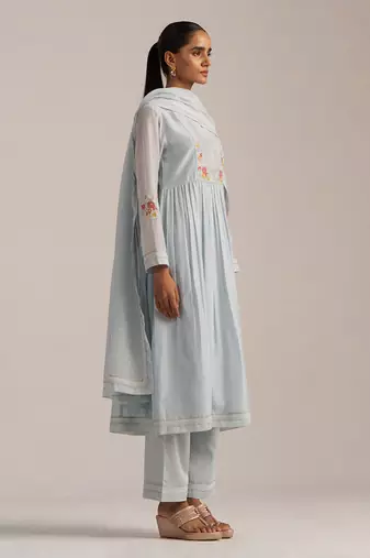 Chalk blue mal chanderi embroidered kurta set