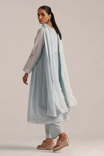 Chalk blue mal chanderi embroidered kurta set