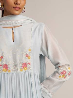 Chalk blue mal chanderi embroidered kurta set 5