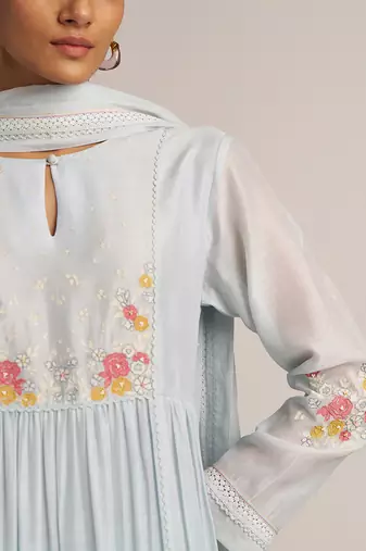 Chalk blue mal chanderi embroidered kurta set