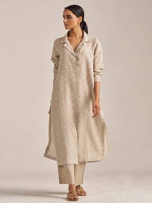 Undyed natural linen hand-printed Kurta set 1