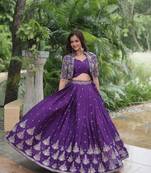 purple Women's designer chinnon silk lehenga Blouse with koti