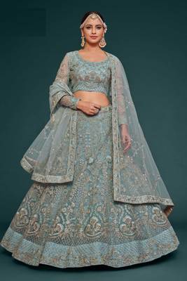 Blue Thread Embroidery and Zari Net Lehenga with Blouse 1