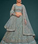 Blue Thread Embroidery and Zari Net Lehenga with Blouse
