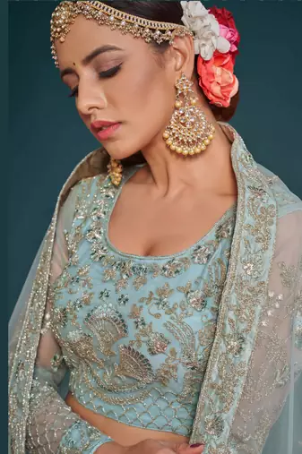 Blue Thread Embroidery and Zari Net Lehenga with Blouse