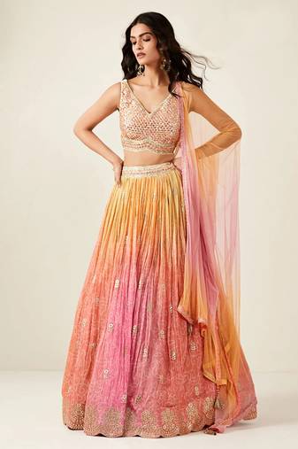 Multicolor Mirror Embroidery Work Art Silk Lehenga with Blouse