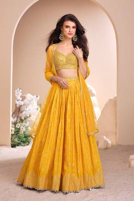 Mustard Mirror Embroidery and Sequins Work jacquard Silk Lehenga with Blouse 1