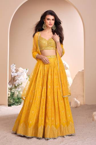 Mustard Mirror Embroidery and Sequins Work jacquard Silk Lehenga with Blouse