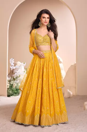 Mustard Mirror Embroidery and Sequins Work jacquard Silk Lehenga with Blouse