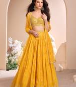 Mustard Mirror Embroidery and Sequins Work jacquard Silk Lehenga with Blouse