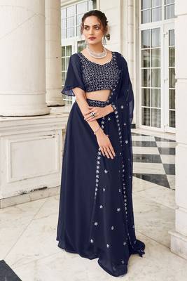 Blue Thread Embroidery and Sequins Work Georgette Lehenga with Blouse 1