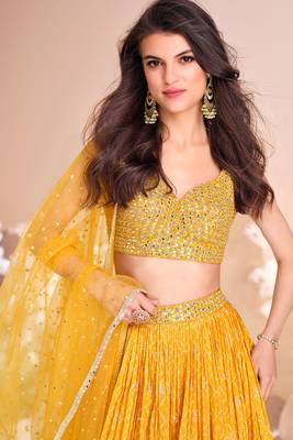 Mustard Mirror Embroidery and Sequins Work jacquard Silk Lehenga with Blouse 2