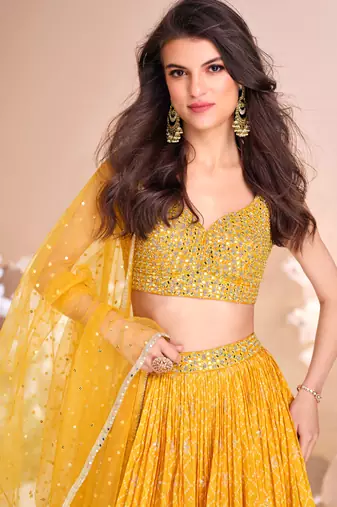 Mustard Mirror Embroidery and Sequins Work jacquard Silk Lehenga with Blouse