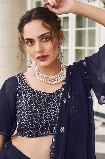 Blue Thread Embroidery and Sequins Work Georgette Lehenga with Blouse